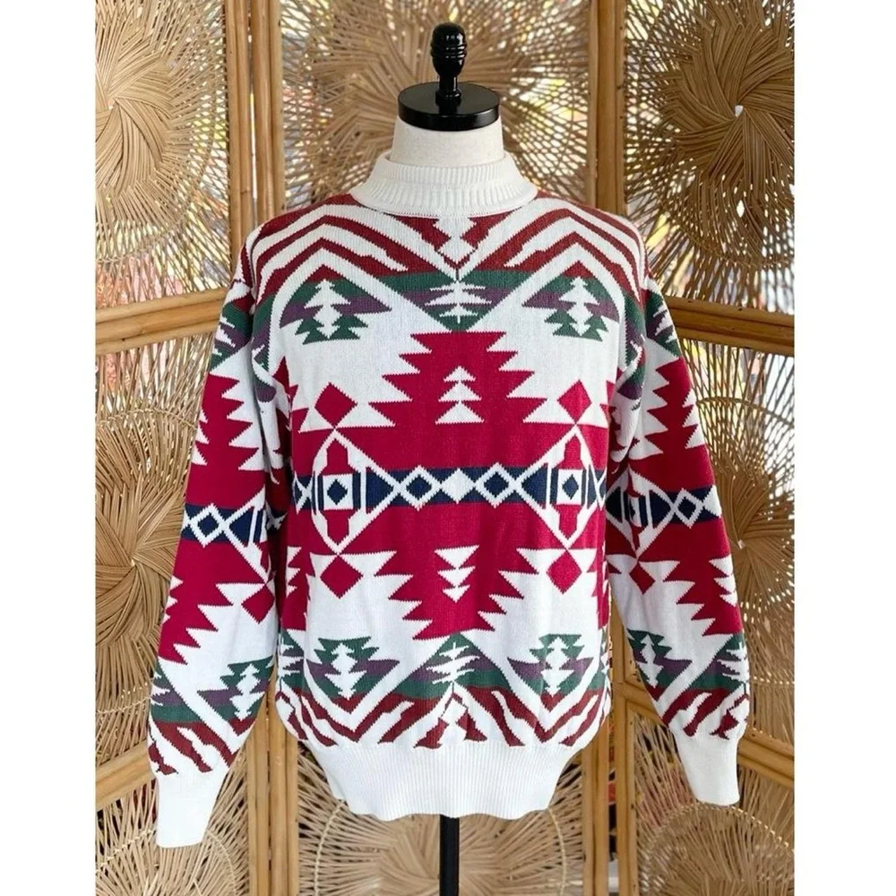 Vintage Brian MacNeil Mockneck Cream Red Green Southwestern Design Knit Sweater